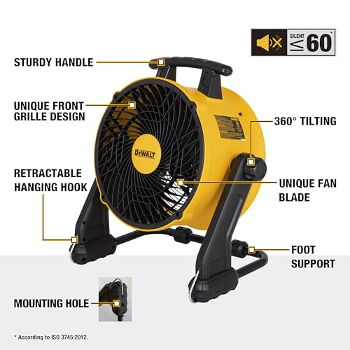 DEWALT DXF1616 16 Inch Heavy Duty Floor Fan, High Velocity Barrel Shop Fan, 3-Speed Powerful Cooling Drum Fan with 4000 CFM, 360° Adjustable Tilting Airflow Fan for Warehouse, Workshop, Factory, Basement