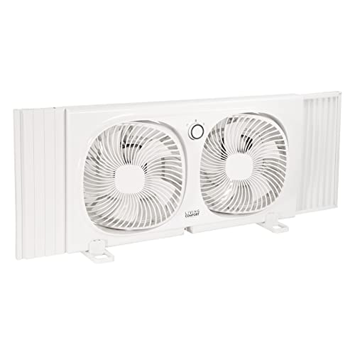 Comfort Zone Living Comfort Twin Window Fan with Individually 180 Degree Rotating Fan Heads, 9 inch, 2 Speed, Plastic Removable Bug Screen, Ideal for Home, Kitchen, Bedroom, & Office, LC329WT