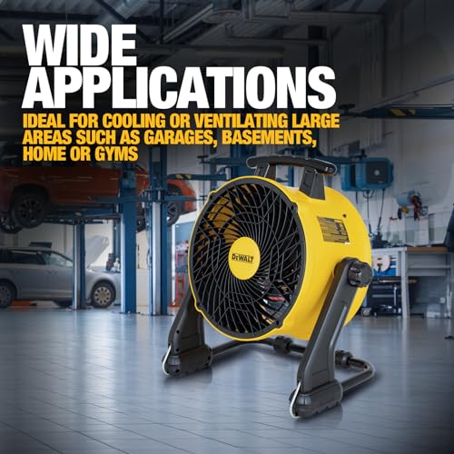 DEWALT DXF1616 16 Inch Heavy Duty Floor Fan, High Velocity Barrel Shop Fan, 3-Speed Powerful Cooling Drum Fan with 4000 CFM, 360° Adjustable Tilting Airflow Fan for Warehouse, Workshop, Factory, Basement