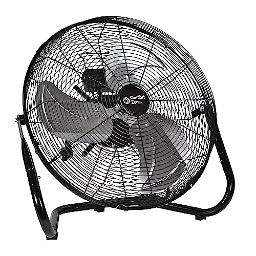 Comfort Zone CZHV18BK Cradle Floor Fan, Electric, High-Velocity,180 Degree Adjustable Tilt, 18 inch, 3 Speed, Carry Handle, Rubber Feet, Metal, Airflow 19.36 ft/sec, Ideal for Garage or Workshop