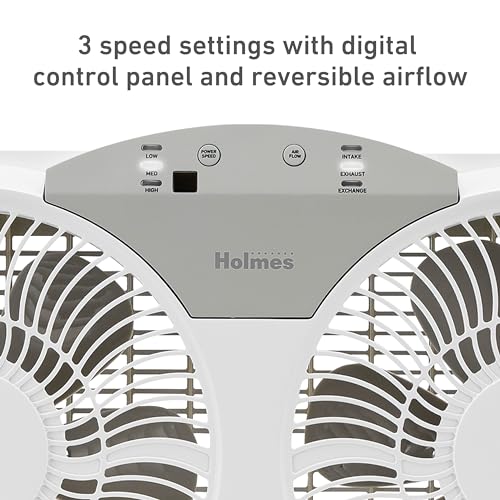 HOLMES 12965 9" Twin Digital Window Fan, Reversible Airflow Blades, In/Out Exchange, 3 Speeds, Built-In Extender Panels, Ideal for Home, Bedroom or Office, Remote Control, White