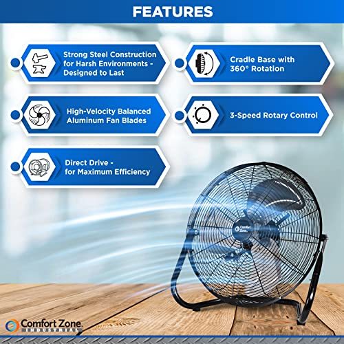 Comfort Zone CZHV18BK Cradle Floor Fan, Electric, High-Velocity,180 Degree Adjustable Tilt, 18 inch, 3 Speed, Carry Handle, Rubber Feet, Metal, Airflow 19.36 ft/sec, Ideal for Garage or Workshop