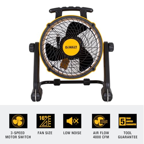 DEWALT DXF1616 16 Inch Heavy Duty Floor Fan, High Velocity Barrel Shop Fan, 3-Speed Powerful Cooling Drum Fan with 4000 CFM, 360° Adjustable Tilting Airflow Fan for Warehouse, Workshop, Factory, Basement