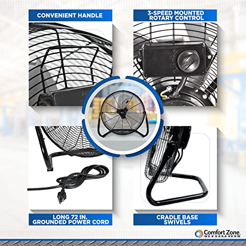 Comfort Zone CZHV18BK Cradle Floor Fan, Electric, High-Velocity,180 Degree Adjustable Tilt, 18 inch, 3 Speed, Carry Handle, Rubber Feet, Metal, Airflow 19.36 ft/sec, Ideal for Garage or Workshop