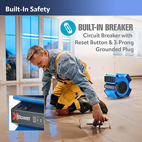 Lasko X12905 X-Blower 6 Position High Velocity Pivoting Utility Blower Fan for Cooling, Ventilating, Exhausting and Drying, 3 Speeds, AC Outlet, Circuit Breaker with Reset, USB Port, 11x9x12, Blue