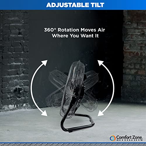 Comfort Zone CZHV18BK Cradle Floor Fan, Electric, High-Velocity,180 Degree Adjustable Tilt, 18 inch, 3 Speed, Carry Handle, Rubber Feet, Metal, Airflow 19.36 ft/sec, Ideal for Garage or Workshop