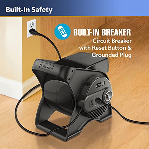 Lasko U12104 12” Utility Fan for Job Site or Home Use, 289 CFM, Pivoting High Velocity Blower Fans, 3 Speeds, 2 Accessory Outlets 120V, Black