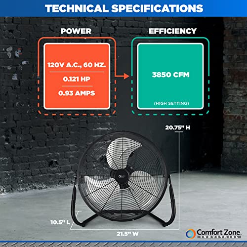 Comfort Zone CZHV18BK Cradle Floor Fan, Electric, High-Velocity,180 Degree Adjustable Tilt, 18 inch, 3 Speed, Carry Handle, Rubber Feet, Metal, Airflow 19.36 ft/sec, Ideal for Garage or Workshop
