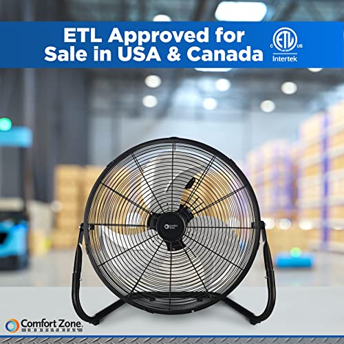 Comfort Zone CZHV18BK Cradle Floor Fan, Electric, High-Velocity,180 Degree Adjustable Tilt, 18 inch, 3 Speed, Carry Handle, Rubber Feet, Metal, Airflow 19.36 ft/sec, Ideal for Garage or Workshop