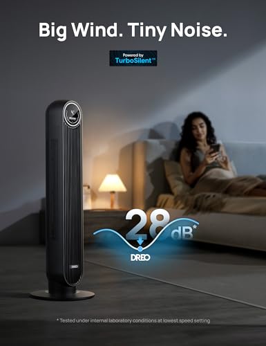 Dreo DR-HTF007 Tower Fan for Bedroom, 25ft/s Velocity Quiet Floor Fan, 90° Oscillating Fans for Indoors with 4 Speeds, 4 Modes, 8H Timer, Standing Fans, Bladeless Fan, Black, Nomad One