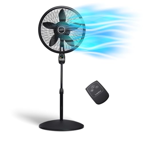 Lasko 1843 Oscillating Cyclone Pedestal Fan, Adjustable Height, Timer, Remote Control, 3 Speeds, for Bedroom, Living Room, Home Office, 18", Black, 1843