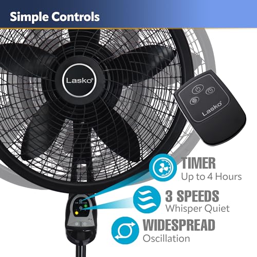 Lasko 1843 Oscillating Cyclone Pedestal Fan, Adjustable Height, Timer, Remote Control, 3 Speeds, for Bedroom, Living Room, Home Office, 18", Black, 1843