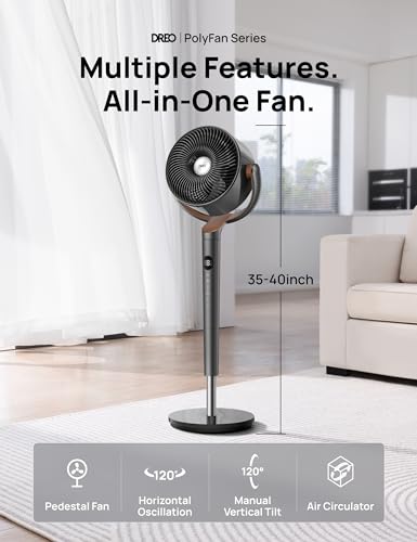 Dreo PolyFan 311 Fan for Bedroom, 120°+120° Oscillating Standing Fan, DC Motor, 80ft Air Circulator for Whole Room, 8 Speeds, 3 modes, Quiet Pedestal Fans, 23dB, Adjustable Height, Remote Control, 8H Timer