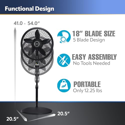 Lasko 1843 Oscillating Cyclone Pedestal Fan, Adjustable Height, Timer, Remote Control, 3 Speeds, for Bedroom, Living Room, Home Office, 18", Black, 1843