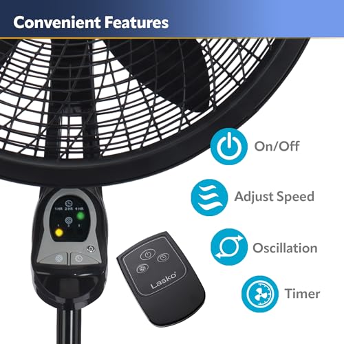 Lasko 1843 Oscillating Cyclone Pedestal Fan, Adjustable Height, Timer, Remote Control, 3 Speeds, for Bedroom, Living Room, Home Office, 18", Black, 1843