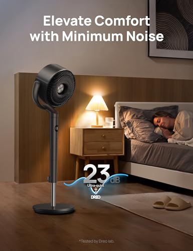 Dreo PolyFan 311 Fan for Bedroom, 120°+120° Oscillating Standing Fan, DC Motor, 80ft Air Circulator for Whole Room, 8 Speeds, 3 modes, Quiet Pedestal Fans, 23dB, Adjustable Height, Remote Control, 8H Timer
