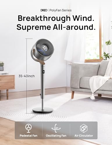 Dreo PolyFan 502 Standing Fan, 120°+120°Omni-directional Oscillating Fan For Bedroom, 80 ft Circulator With Remote, DC Motor Quiet Pedestal Fans, Adjustable Height, 8 Speeds, 3 Modes, 8H Timer, Home, PolyFan 502