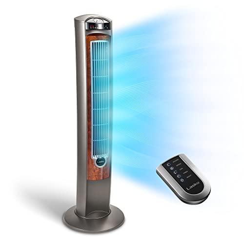 Lasko T42954 Oscillating Tower Fan, Nighttime Setting, Remote Control, Portable, Timer, for Bedroom, Home and Office, 3 Quiet Speeds, 42.5", Silverwood, T42954, woodgrain and grey