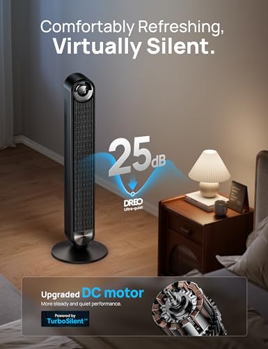 Dreo Cruiser Pro T2 Tower Fan for Bedroom, Upgrated DC 9 Speeds Utral-Quiet Floor Fan, 90° Oscillating Fans for Indoors with 26ft/s Velocity, 12H Timer, Standing Fans, Bladeless Fan Powerful for Home Office Room