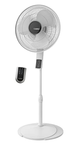 Lasko S16614 Oscillating Pedestal Fan, Thermostat, Adjustable Height, Remote Control, Timer, 4 Speeds, for Bedroom, Living Room, Office & Dorm, 16", White