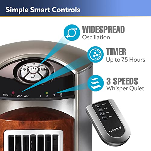 Lasko T42954 Oscillating Tower Fan, Nighttime Setting, Remote Control, Portable, Timer, for Bedroom, Home and Office, 3 Quiet Speeds, 42.5", Silverwood, T42954, woodgrain and grey