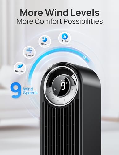 Dreo Cruiser Pro T2 Tower Fan for Bedroom, Upgrated DC 9 Speeds Utral-Quiet Floor Fan, 90° Oscillating Fans for Indoors with 26ft/s Velocity, 12H Timer, Standing Fans, Bladeless Fan Powerful for Home Office Room