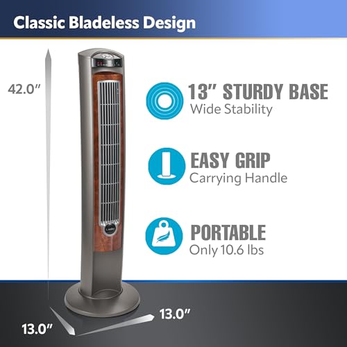 Lasko T42954 Oscillating Tower Fan, Nighttime Setting, Remote Control, Portable, Timer, for Bedroom, Home and Office, 3 Quiet Speeds, 42.5", Silverwood, T42954, woodgrain and grey