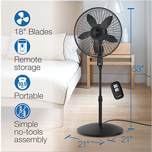 Lasko S18440 Oscillating Pedestal Fan, Adjustable Height, Remote Control, 4 Speeds, for Bedroom, Living Room, Home Office and College Dorm Room, 18", Black