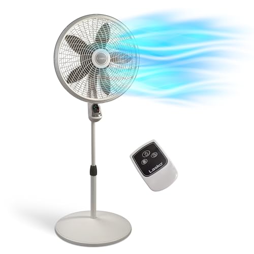 Lasko 1885 Cyclone Pedestal Fan, Adjustable Height, Remote Control, Timer, 3 Speeds, for Bedroom, Kitchen, Office and Living Room, 18", White