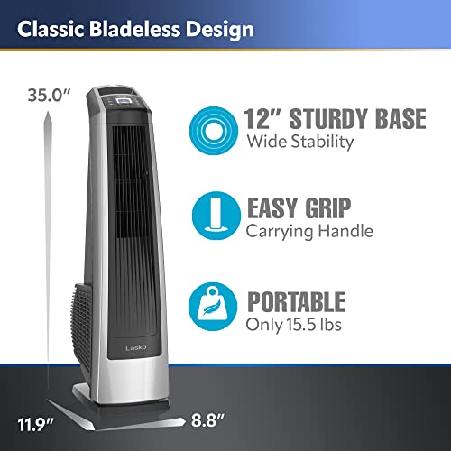 Lasko U35115 Oscillating High Velocity Tower Fan, Remote Control, Timer, 3 Powerful Speeds, for Garage, Basement and Gym, 35" Silver and Black
