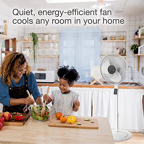 Lasko S16614 Oscillating Pedestal Fan, Thermostat, Adjustable Height, Remote Control, Timer, 4 Speeds, for Bedroom, Living Room, Office & Dorm, 16", White