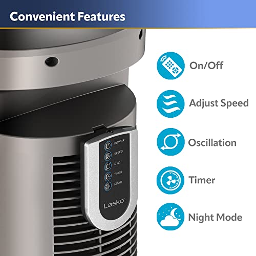 Lasko T42954 Oscillating Tower Fan, Nighttime Setting, Remote Control, Portable, Timer, for Bedroom, Home and Office, 3 Quiet Speeds, 42.5", Silverwood, T42954, woodgrain and grey