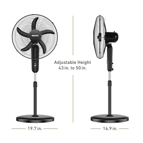 HOLMES 32510149 18" Stand Fan, 75° Oscillation, 3 Speeds, 5 Blades, Adjustable Height, 25° Head Tilt, Ideal for Home, Bedroom or Office, Black