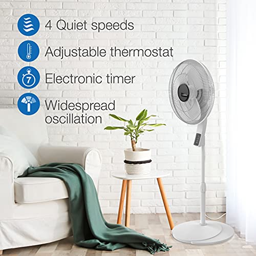 Lasko S16614 Oscillating Pedestal Fan, Thermostat, Adjustable Height, Remote Control, Timer, 4 Speeds, for Bedroom, Living Room, Office & Dorm, 16", White