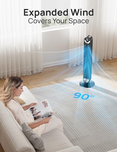 Dreo Cruiser Pro T2 Tower Fan for Bedroom, Upgrated DC 9 Speeds Utral-Quiet Floor Fan, 90° Oscillating Fans for Indoors with 26ft/s Velocity, 12H Timer, Standing Fans, Bladeless Fan Powerful for Home Office Room