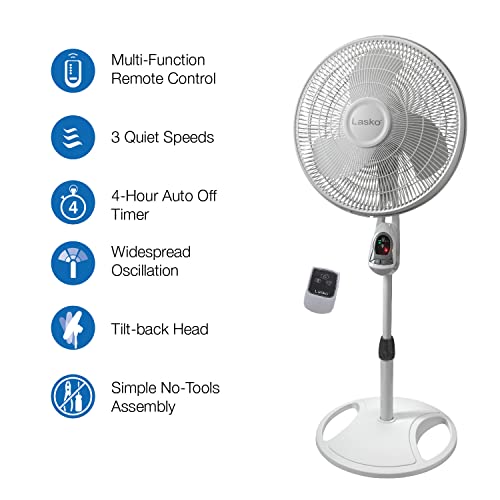 Lasko 1646 Oscillating Adjustable Pedestal Stand Fan with Timer and Remote for Indoor, Bedroom, Living Room, Home Office & College Dorm Use, 16 Inch, White