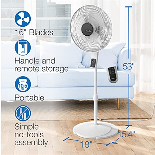 Lasko S16614 Oscillating Pedestal Fan, Thermostat, Adjustable Height, Remote Control, Timer, 4 Speeds, for Bedroom, Living Room, Office & Dorm, 16", White