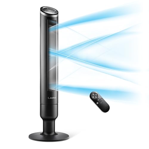 Lasko RST200 Apex 42" Tower Fans for Home, 29 ft/s Airflow, Quiet 28 dB on Low, 90° Oscillation, 12 Hour Timer, Air Filter for Hair & Dust, Remote Control, Black