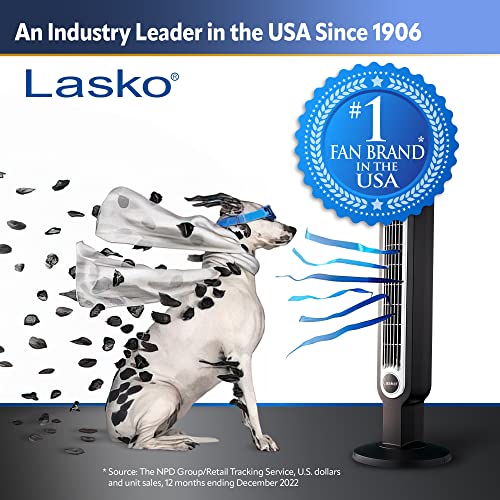 Lasko Oscillating Tower Fan, 3 Quiet Speeds, Timer, Remote Control, for Bedroom, Kitchen, Office, 36", Black