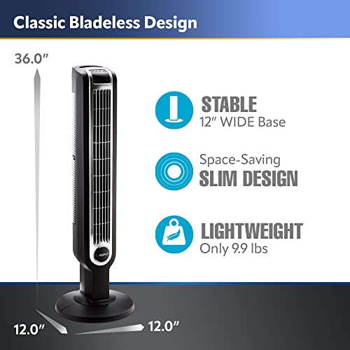 Lasko Oscillating Tower Fan, 3 Quiet Speeds, Timer, Remote Control, for Bedroom, Kitchen, Office, 36", Black