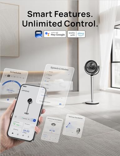 Dreo PolyFan 704S Pedestal Fan with Smart Control, 43'' Inches, 150°+120° Omni-Directional Oscillating Quiet Fans for Bedroom, 110ft Circulator Fan with DC Motor, 9 Speeds, 6 Modes, 12H Timer, Wi-Fi/Voice/Alexa