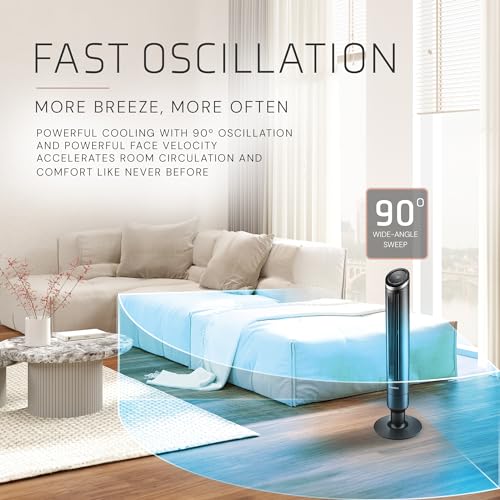 Lasko RST200 Apex 42" Tower Fans for Home, 29 ft/s Airflow, Quiet 28 dB on Low, 90° Oscillation, 12 Hour Timer, Air Filter for Hair & Dust, Remote Control, Black