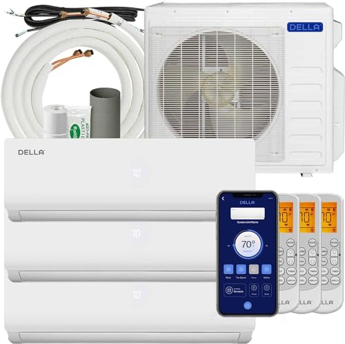 DELLA ‎27K+T9912_2 Mini Split Air Conditioner ODU Tri 3 Zone 27K BTU (9K 9K 12K BTU) 19 SEER2 208-230V Works with Alexa, Cools Up to 1350 Sq.Ft, Wifi Energy Efficient Multi Zone Pre-Charged Heat Pump Full Set