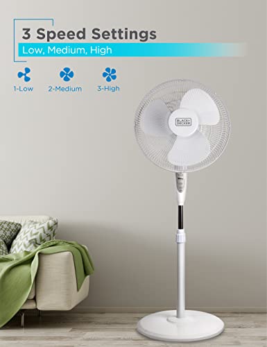 BLACK+DECKER BFSR16W 16" Stand Fan with Pedestal Base, Height Adjustable Pedestal Fan with Remote and Touch Control Panel, Free Standing Fan with 90-Degree Oscillating and 3-Speed Settings, White