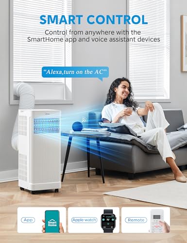 Midea MAP05S1AWT 8,500 BTU ASHRAE (5,000 BTU SACC) Portable Air Conditioner Smart Control, Cools up to 150 Sq. Ft., with Dehumidifier & Fan mode, Easy- to-use Remote Control & Window Installation Kit Included