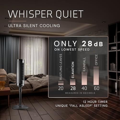 Lasko EST100 Elevation 42”-54” Adjustable Height Pedestal Tower Fans for Home, 31 ft/s Airflow, Quiet 28 dB on Low, 90° Oscillation, 12 Hour Timer, Remote Control, Black