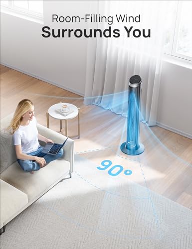 Dreo Cruiser Pro T3 Tower Fans for Bedroom, 90° Oscillating Fans for indoors, 4 Modes 5 Speeds Max 26ft/s, 12H Timer, LED Display with Touch, Remote Control, 40" Quiet Bladeless Standing Floor Fan for Home Office