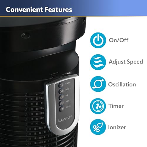 Lasko T42950 Oscillating Tower Fan, Remote Control, Ionizer, 3 Speeds, Timer, for Bedroom, Office, Kitchen 42", Black