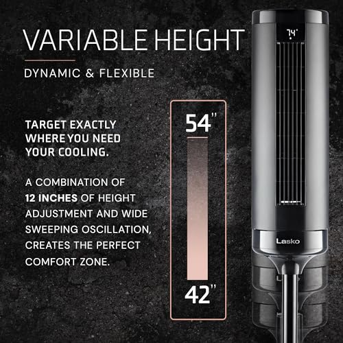Lasko EST100 Elevation 42”-54” Adjustable Height Pedestal Tower Fans for Home, 31 ft/s Airflow, Quiet 28 dB on Low, 90° Oscillation, 12 Hour Timer, Remote Control, Black