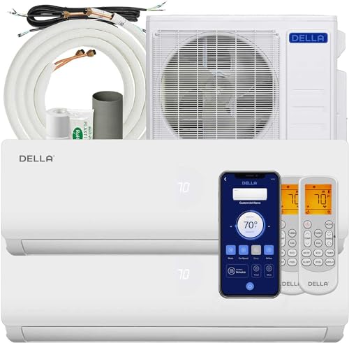 DELLA ‎18K+D912 18K BTU ODU 2 Dual Zone 9000 12000 BTU Mini Split Air Conditioner Work with Alexa,19 SEER2 208-230V Cools Up to 950 Sq.Ft Wifi Multi Zone Pre-Charged Heat Pump with 16ft Installation Kits